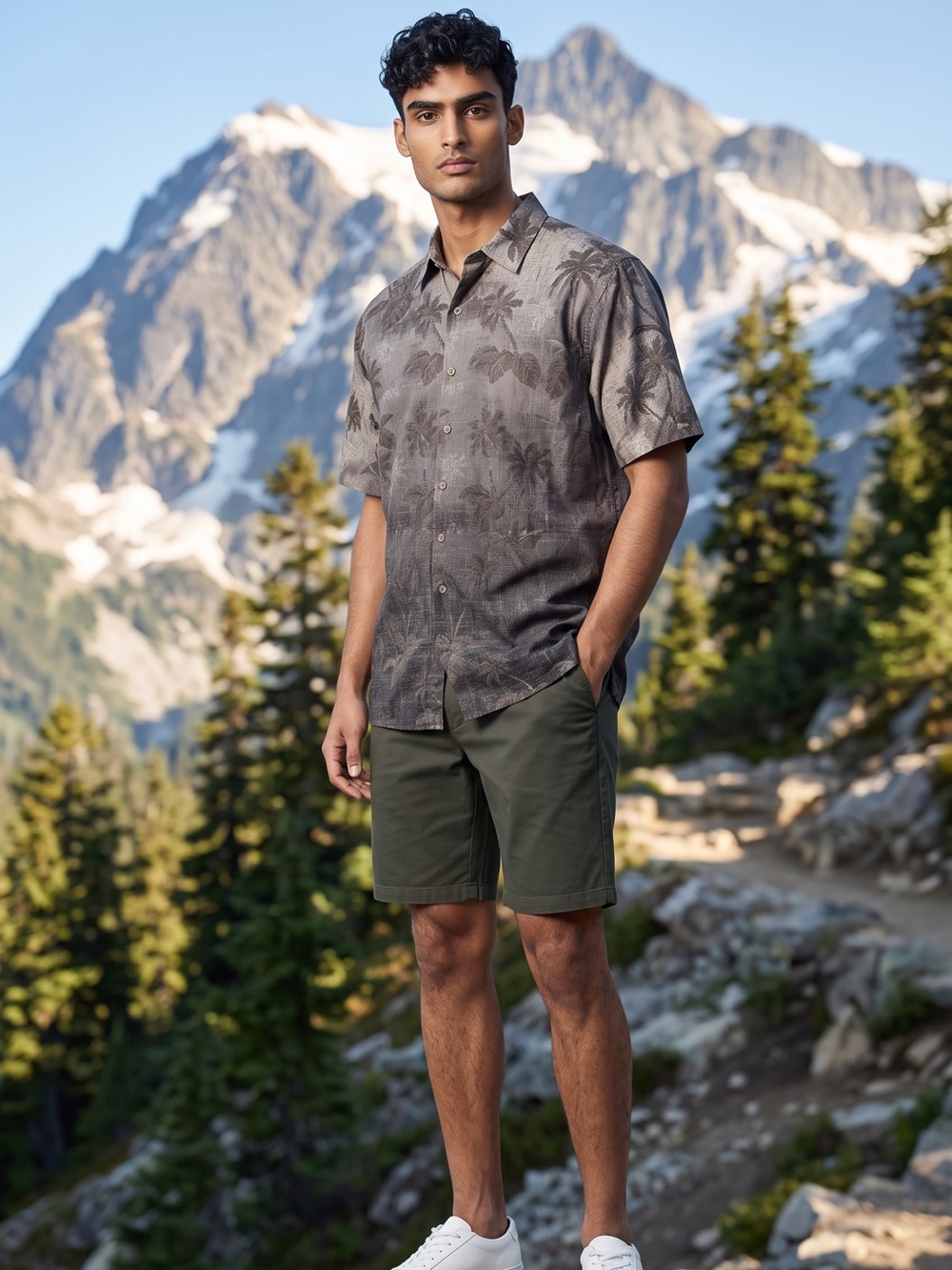 Men's Casual Short-Sleeve Button Down Shirt - Gray Tropical Print